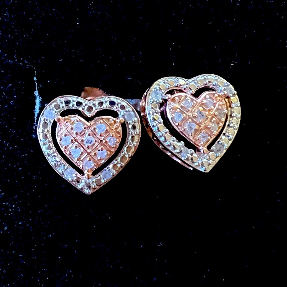 Diamond heart shape earrings with rose gold over sterling silver.
